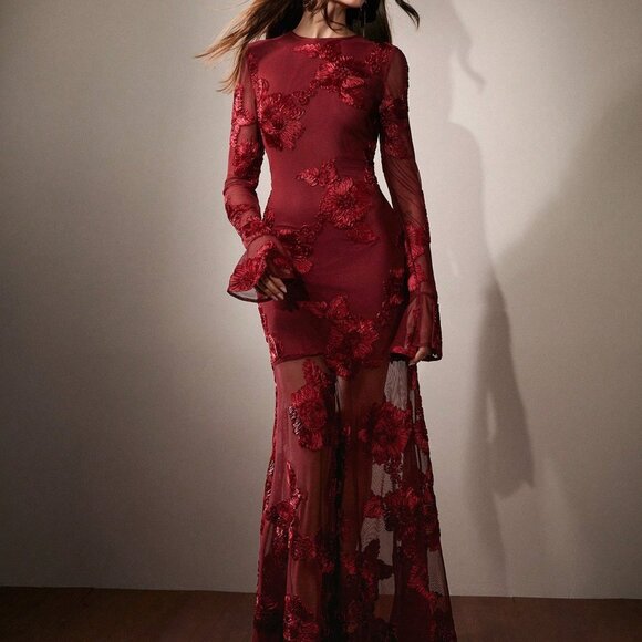 Red Elegant Romantic Women's Soft 3d Floral Embroidery Maxi Dress - Picture 4 of 6